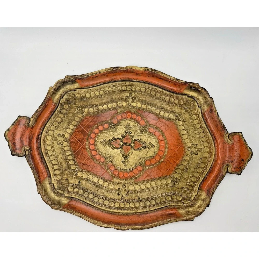 Vintage Italian‎ Florentine Gilt Toleware Orange Gold 14x20 Handled Tray Italy